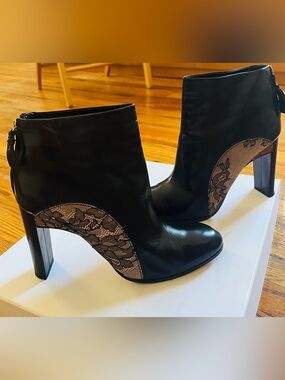 Nina Ricci Black Leather Ankle Boots with Lace Insets